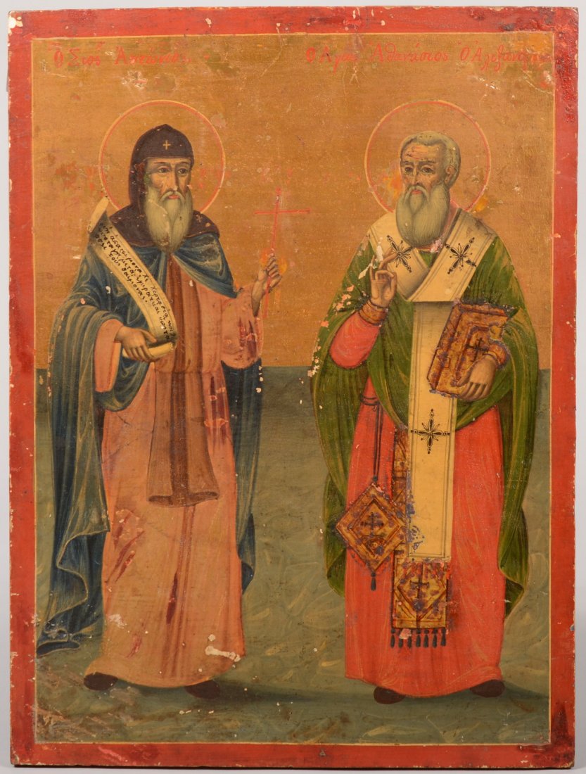 Iconic Painting of Two Saints. Russian, post 1880,: Iconic Painting of Two Saints. Russian, post 1880, tempera on board. Titles of the Saints enscribed overhead, but not decypherable. Polychrome images with gold leaf background above and green below an
