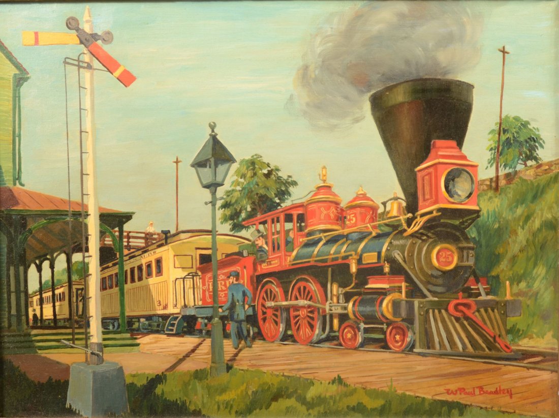 Mid Nineteenth Century Steam Engine and Train at a : Mid Nineteenth Century Steam Engine and Train at a Station, Oil on Canvas. Signed on lower right: "W. Paul Bradley." Black, red and gold engine No. 25 with tender and showing two yellow passenger cars