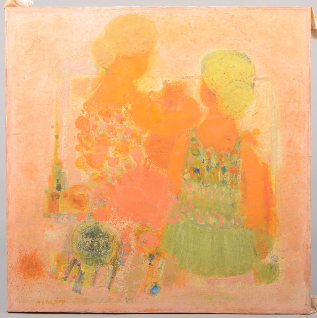 Impressionist Image of Two Woman, Oil on Canvas. Si: Impressionist Image of Two Woman, Oil on Canvas. Signed in lower left: "Menguy." Frederic Menguy, French, b. 1927 and d. 2007. This canvas has been cut and re-lined with new waxed back canvas and rest