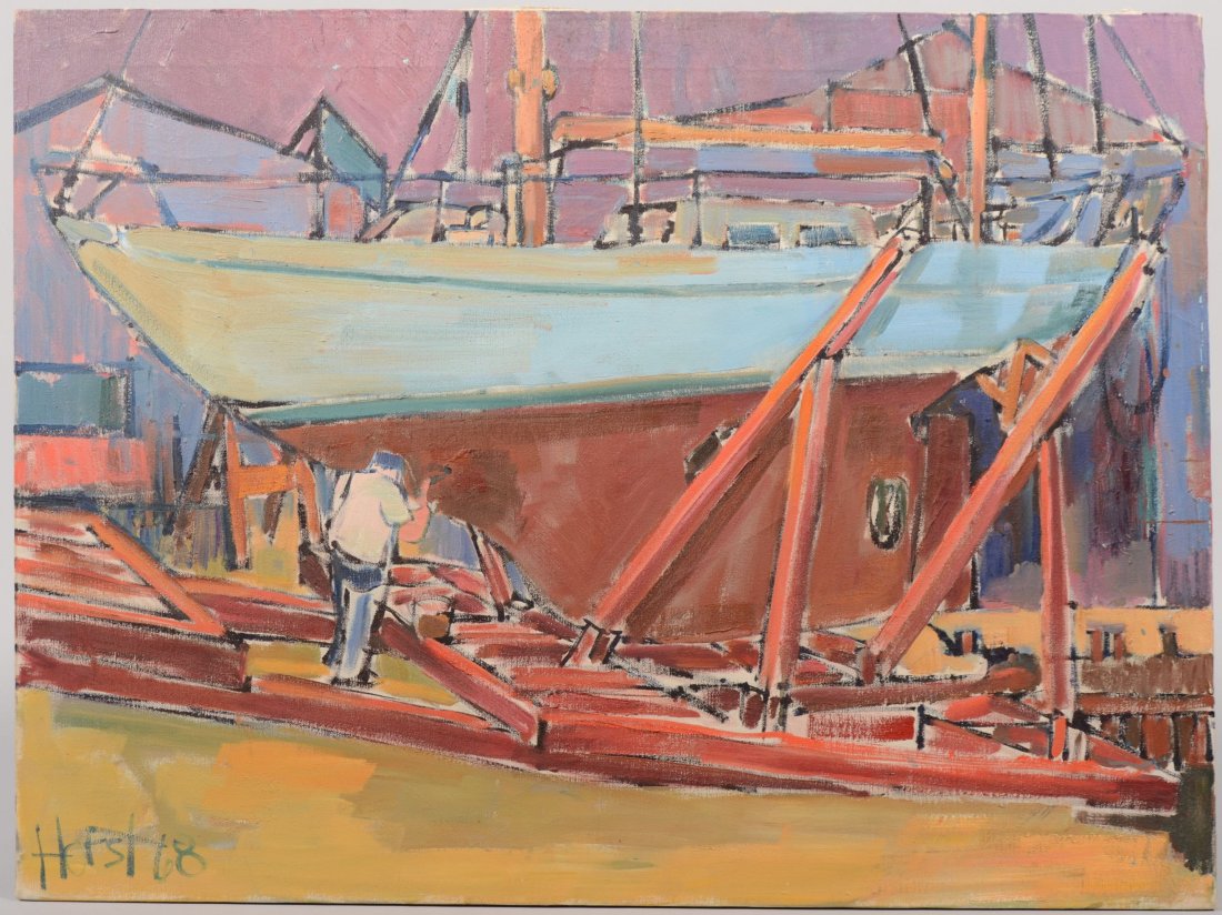 Dry Dock Unframed Oil on Canvas. Signed "Horst, '68: Dry Dock Unframed Oil on Canvas. Signed "Horst, '68." Cubist / Impressionist view of a man repairing the hull of a large sailboat. 24"h. X 32"w.
