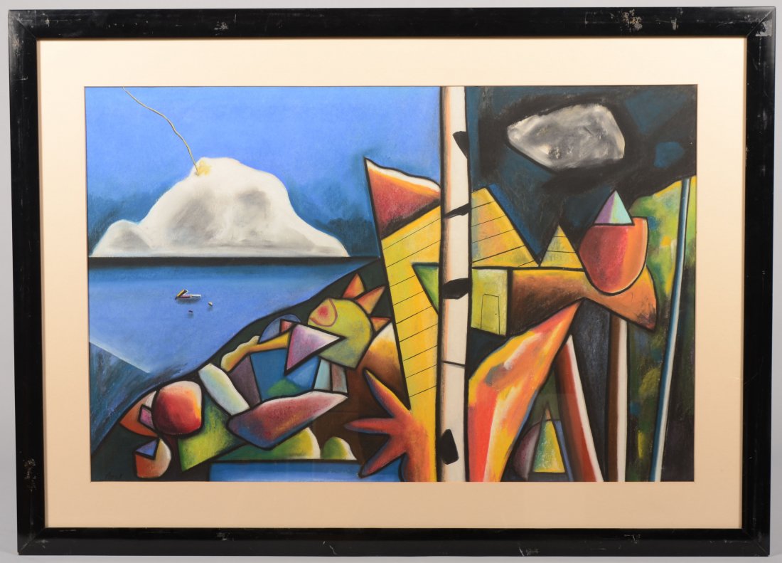 Large Polychrome Pastel Abstract Titled: "Faultline: Large Polychrome Pastel Abstract Titled: "Faultline." Signed in lower left: "Shank." Matted in a wide contemporary black painted wood frame. 22 1/4"h. X 34 1/4"w. image size, 31"h. X 43"w. overall.