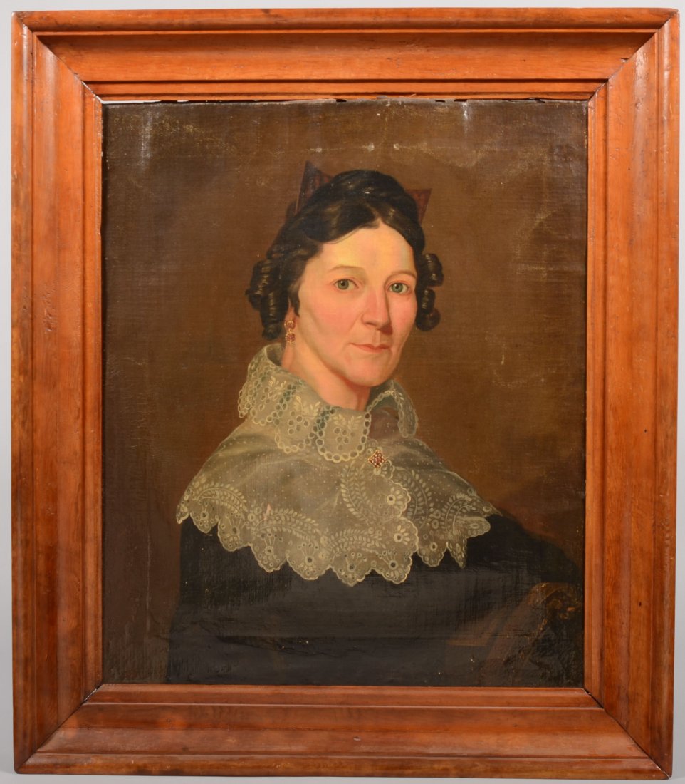 Large Portrait of a Woman with High Lace Collared M: Large Portrait of a Woman with High Lace Collared Mantle, Oil on Canvas. Blue eyed woman with a horn comb in her black/brown hair, gold earring and broach on mantle over her black gown. Olive drab bac