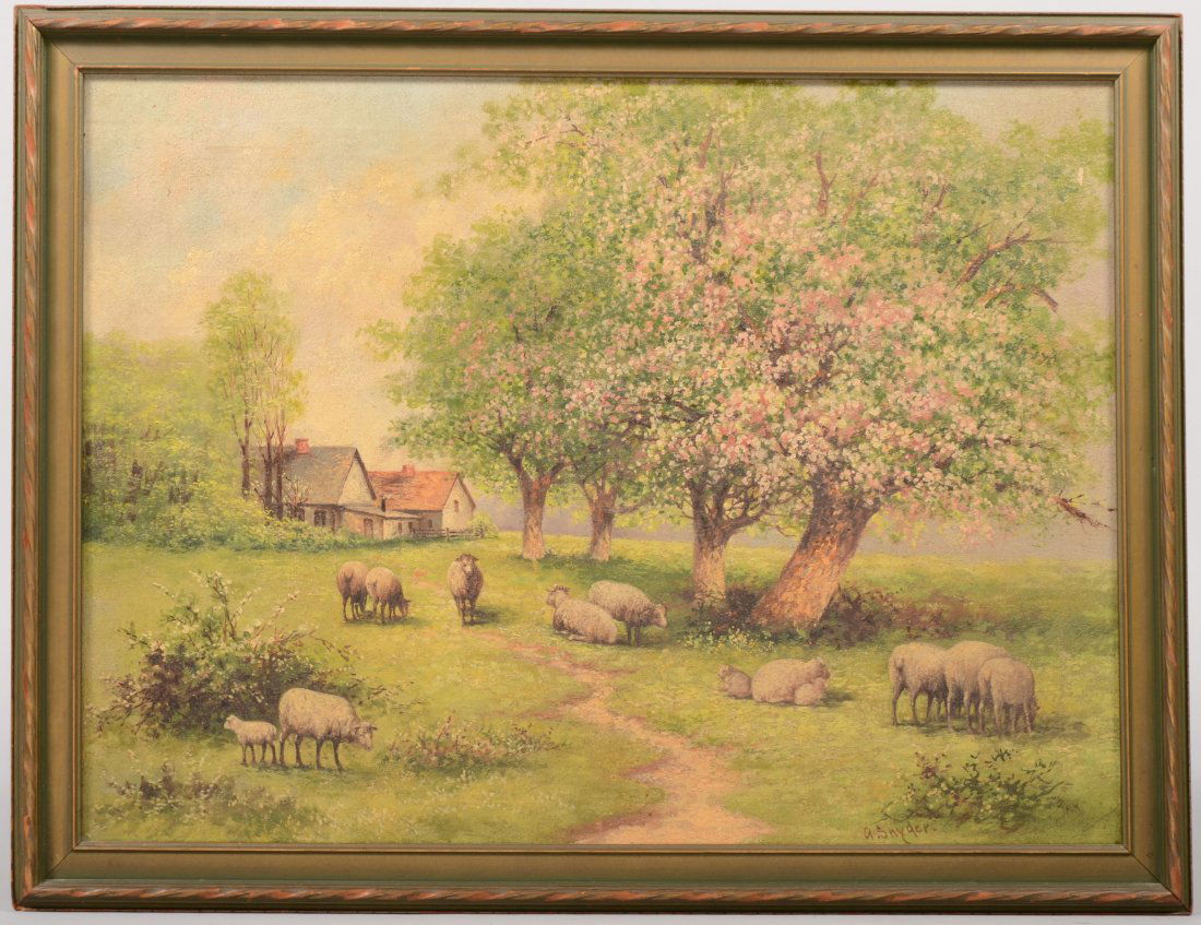 Pasrtral Painting of Sheep in an Old Orchard, Oil o: Pasrtral Painting of Sheep in an Old Orchard, Oil on Canvas. Signed in lower right: "A. Snyder." Image of several sheep grazing under trees with a cottage and out building in background. Mounted in a