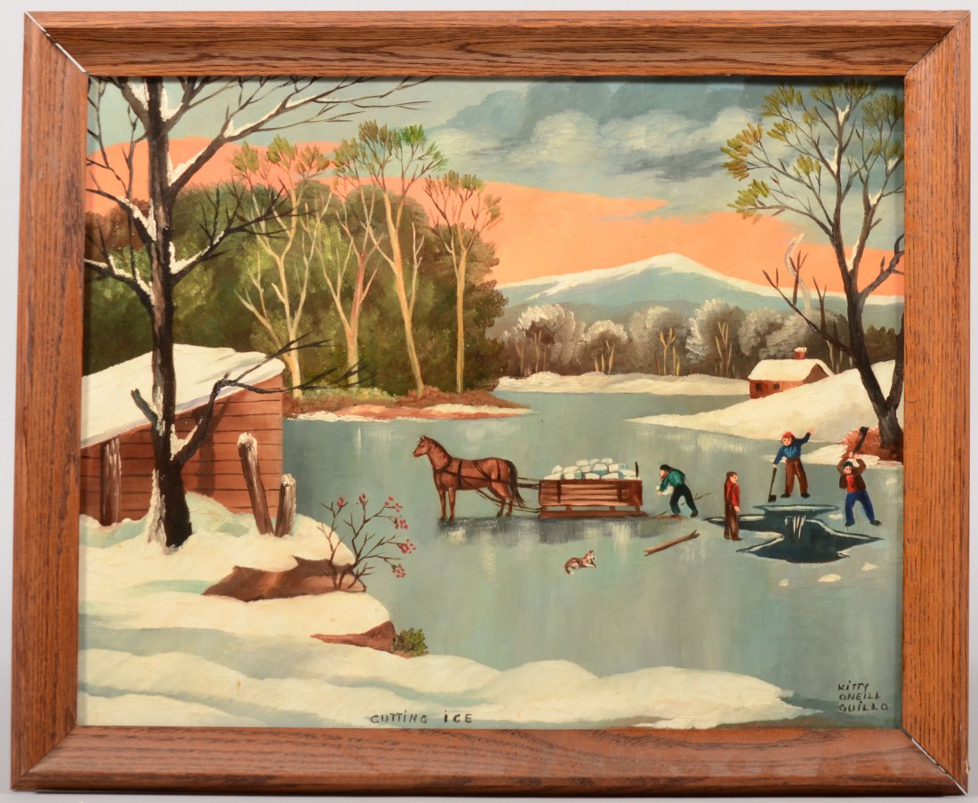 "Cutting Ice" Naïve Oil on Hardboard. Signed in low: "Cutting Ice" Naïve Oil on Hardboard. Signed in lower right corner: "Kitty Oneill Guillo." Winter countryside showing a crew chopping ice with axes. Mounted in a stained oak frame. 15 1/2"h. X 19 1/2