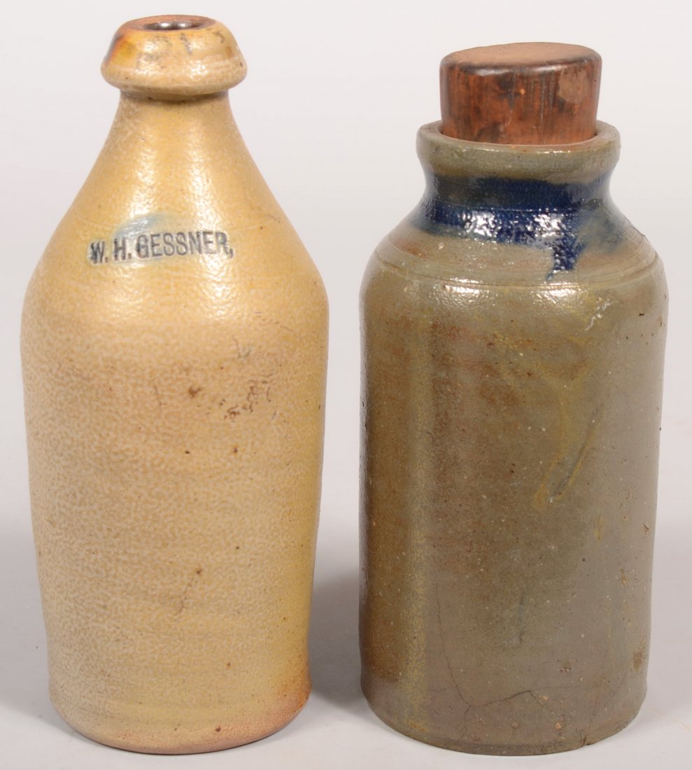 Two Glazed Stoneware Pottery Vessels; W. H. Gessner: Two Glazed Stoneware Pottery Vessels; W. H. Gessner bottle, 10"h. and a cylindrical storage jar with cobalt blue slip on neck, 8 3/8"h.