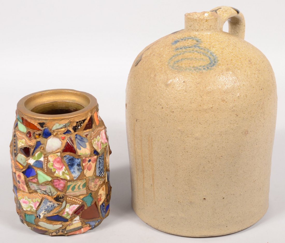 Two Stoneware Vessels. A large dome top jug with sh: Two Stoneware Vessels. A large dome top jug with short spout, applied loop handle and cobalt number "3" on shoulder. 14 1/4"h. X 10 1/4"dia. Along with a stoneware Victorian "Memory Jar." Canning type