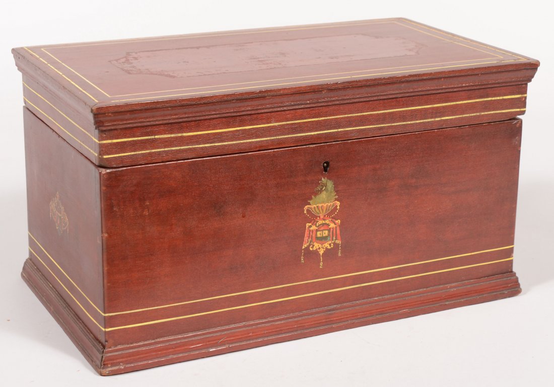 Late 19th Century Mahogany Trinket Chest with poly: Late 19th Century Mahogany Trinket Chest with polychrome hand painted decorated panels. Front panel has horse head, urn, drape and tassel design, side panels have scroll, drape and tassel design, all 