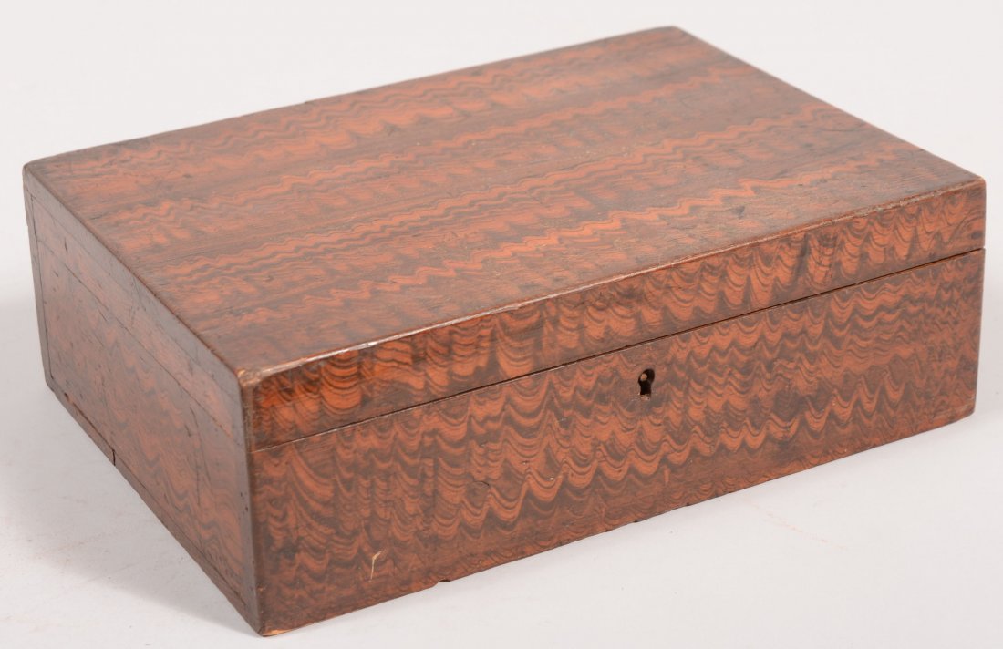 Late 19th/early 20th Century Comb Grain Decorated : Late 19th/early 20th Century Comb Grain Decorated Box. Hinged lid rectangular box made of poplar with brass hinges and lock (key missing).