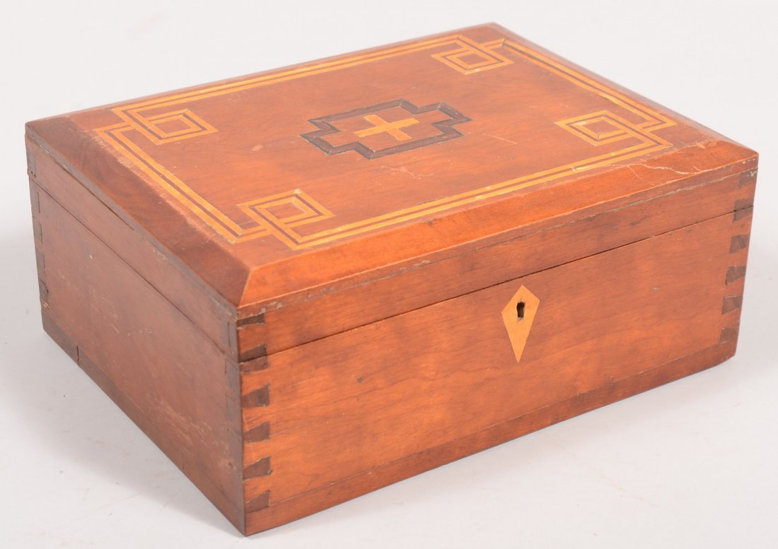 Late 19th Century Cherry Trinket Box with Geometri: Late 19th Century Cherry Trinket Box with Geometric Inlay. Top with tapered edge, dovetailed case, brass hinges and lock (missing key) and diamond shaped key escutcheon. 4 3/8"h x 10 3/8"w x 7 7/8"d.