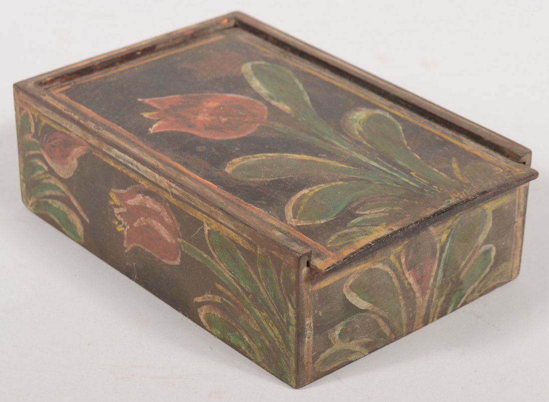 20th Century Paint Decorated Slide Lid Candle Box.: 20th Century Paint Decorated Slide Lid Candle Box. In the style of Heinrich Bucher. Red and white tulips with yellow accents and green leaves on a black ground and with white edging. Signed on bottom: