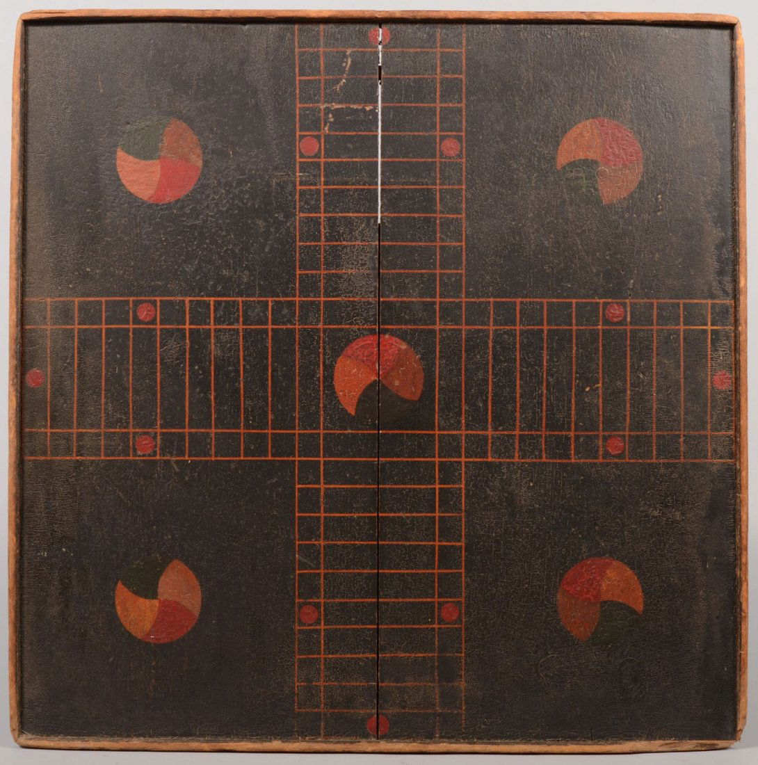 Large Painted Wood Parcheesi Game Board. Amber and: Large Painted Wood Parcheesi Game Board. Amber and red playing grid with red, yellow, blue and amber home medallions all on a black ground. Edged with strip frame. 26 1/4" X 26 1/4"