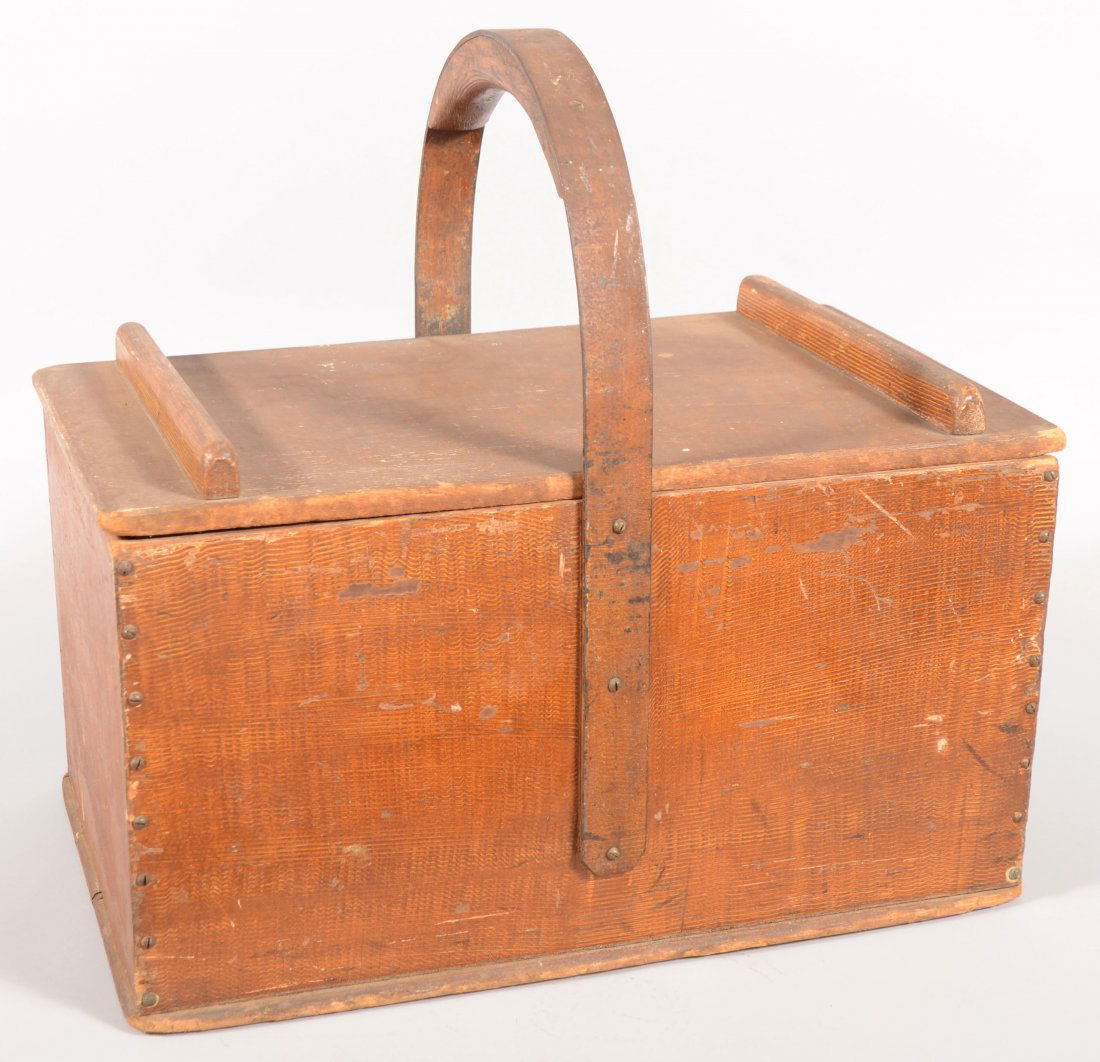 Ochre Faux Grained Carrying Box. Possibly for butt: Ochre Faux Grained Carrying Box. Possibly for butter blocks as there are two interior separate boards with finger holes. Applied iron strap handle with a wood grip and lid with cross battens. Corner j