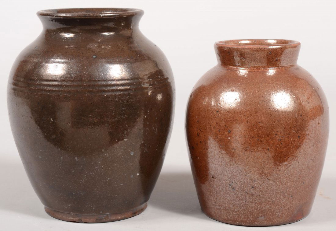 Two Pennsylvania 19th Century Glazed Redware Potte: Two Pennsylvania 19th Century Glazed Redware Pottery Bulbous Form Storage Crocks. 6 1/2" and 7 1/2"h.