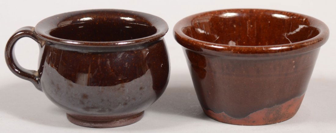 Two Pieces of Miniature Pennsylvania 19th Century: Two Pieces of Miniature Pennsylvania 19th Century Redware Pottery; Chamber pot with flared rim and loop handle, 1 5/8"h. and flared side bowl with molded rim, 1 1/2"h.