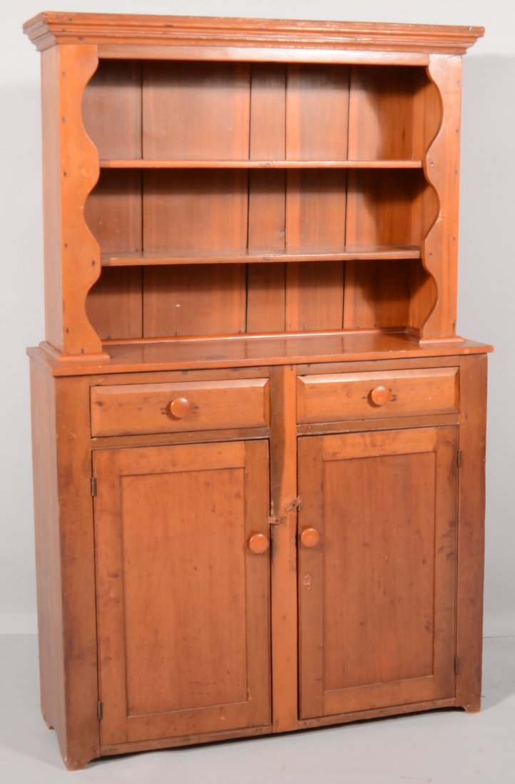 American 19th Century Softwood Two part Step-back : American 19th Century Softwood Two part Step-back Cupboard. Molded cornice with scalloped stiles, beaded shelves with plate grooves above two split dovetailed drawers, two lower paneled doors, interio