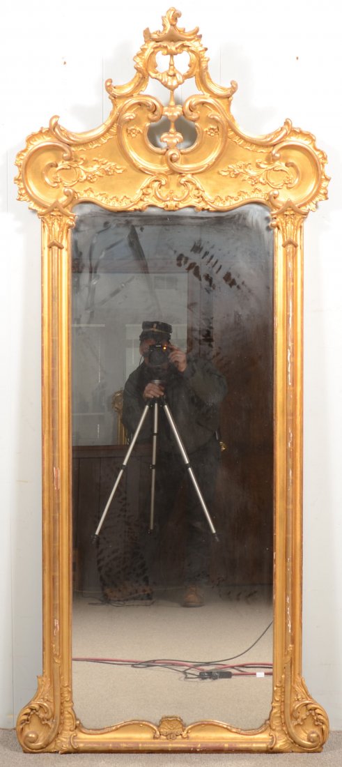 Ornate Gilt Pier Mirror with Floral, Foliate and S: Ornate Gilt Pier Mirror with Floral, Foliate and Scroll Carvings. 75 1/2"h x 32"w.