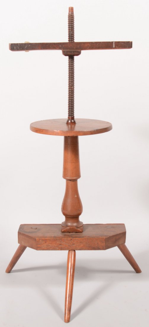 19th Century Mixed-wood Adjustable Candlestand. Th: 19th Century Mixed-wood Adjustable Candlestand. Threaded bar holds two candles with circular drip tray, turned pedestal and wool winder base. 42" high.