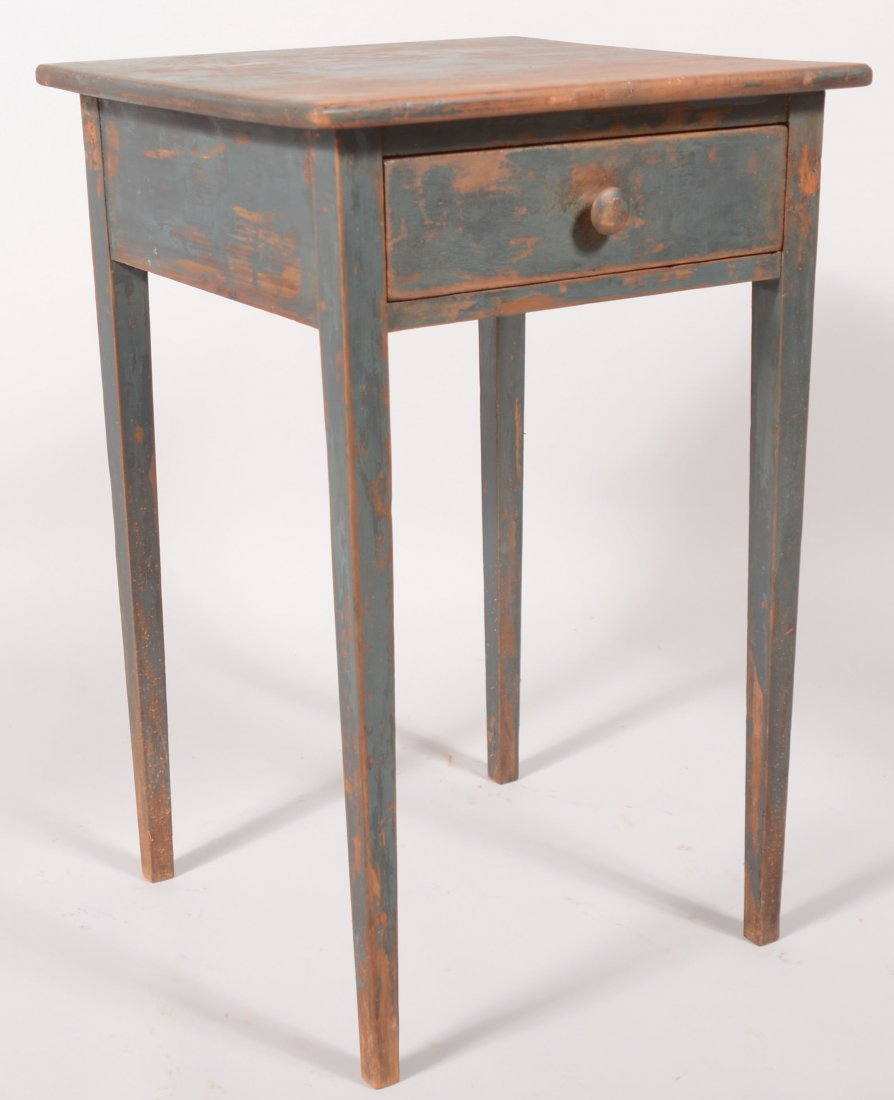 Country Hepplewhite Softwood Stand with Blue Paint: Country Hepplewhite Softwood Stand with Blue Paint. Square top, dovetailed skirt drawer and tapered legs. 28"h x 18" square.