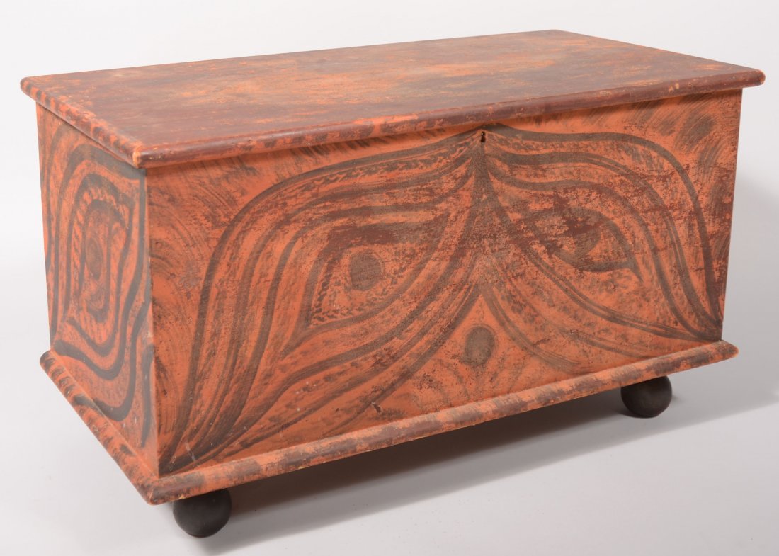 19th Century Softwood Blanket Chest.: 19th Century Softwood Blanket Chest with later period style faux grain paint in the style of Bucks Co., PA Deep Run Artist. Molded lid, interior till, molded base and turned feet. 21"h x 36 1/2"w x 18
