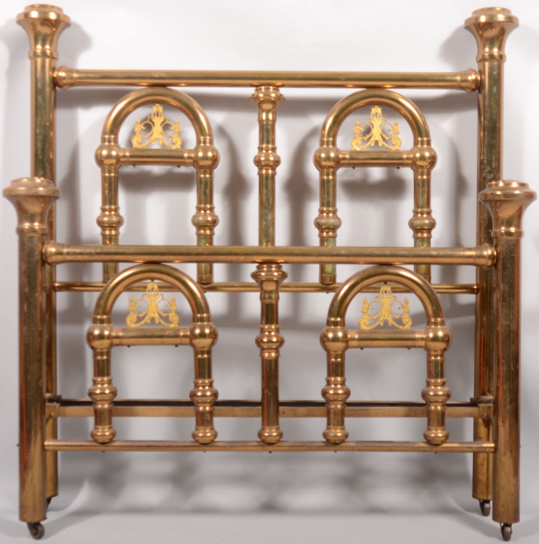 Vintage Polished Brass Bed with frosted brass flor: Vintage Polished Brass Bed with frosted brass floral and scroll decorative panels. 70"h x 58"w.