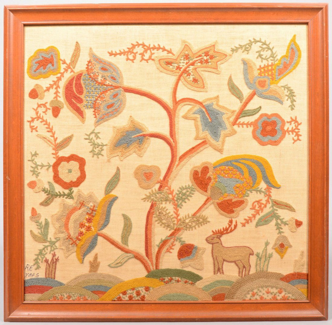 Wool Chain Stitch Floral Exercise with Deer on Lin: Wool Chain Stitch Floral Exercise with Deer on Linen. Polychrome design in the 18th century style. Signed in lower left corner: "R.E., Xmas." Mounted in a brown molded wood frame. 23 1/4"h. X 23 3/4"w