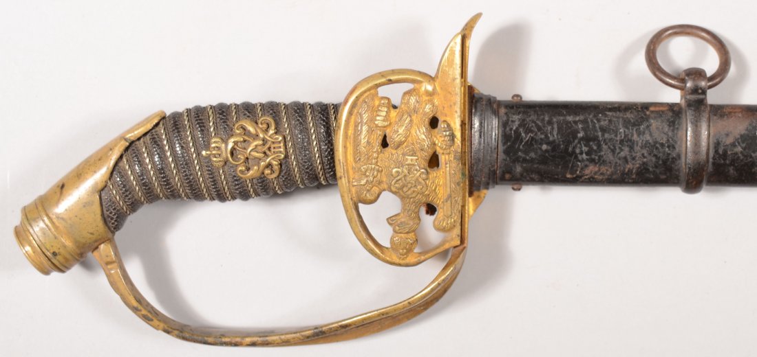 Prussian M1889 Infantry Officer's folding guard sw: Prussian M1889 Infantry Officer's folding guard sword having a black enameled scabbard, pebble grained leather wrapped grip with twisted silver wire binding and a Kaiser Wilhelm II cypher.
