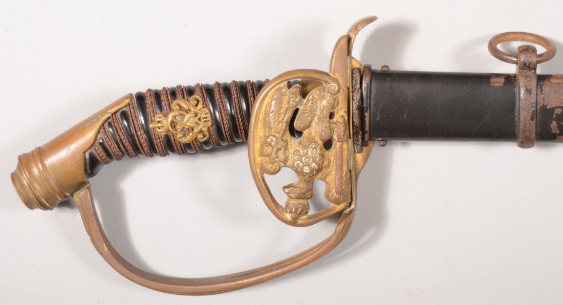 Prussian M1889 Infantry Officer's folding guard sw: Prussian M1889 Infantry Officer's folding guard sword having a black enameled scabbard, black celluloid grip with tripple twisted wire and a Kaiser Wilhelm II cypher.