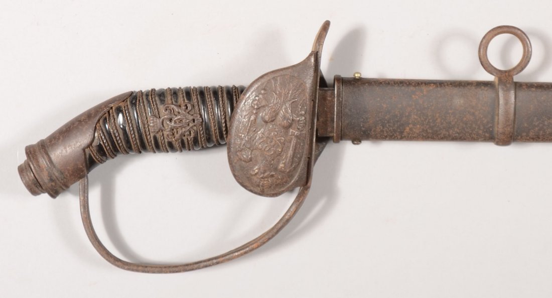 Prussian M1889 Infantry folding guard sword having: Prussian M1889 Infantry folding guard sword having a black enameled scabbard, black enameled iron hilt with solid guard, black celluloid grip with tripple twisted wire, and a Kaiser Wilhelm II cypher.