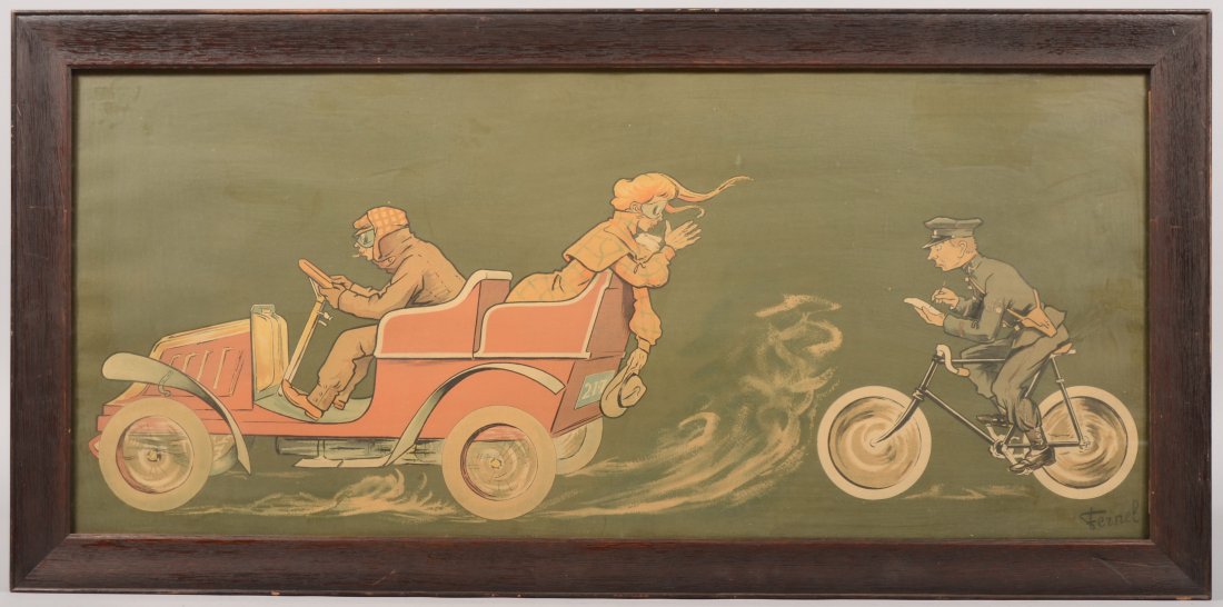 Large Six Color Lithographic Illustration of Autom: Large Six Color Lithographic Illustration of Automobile Hi Jinks. Image of a bicycle policeman following an open Stanley Steamer touring car. The passenger hiding the license with their hat and thumbi