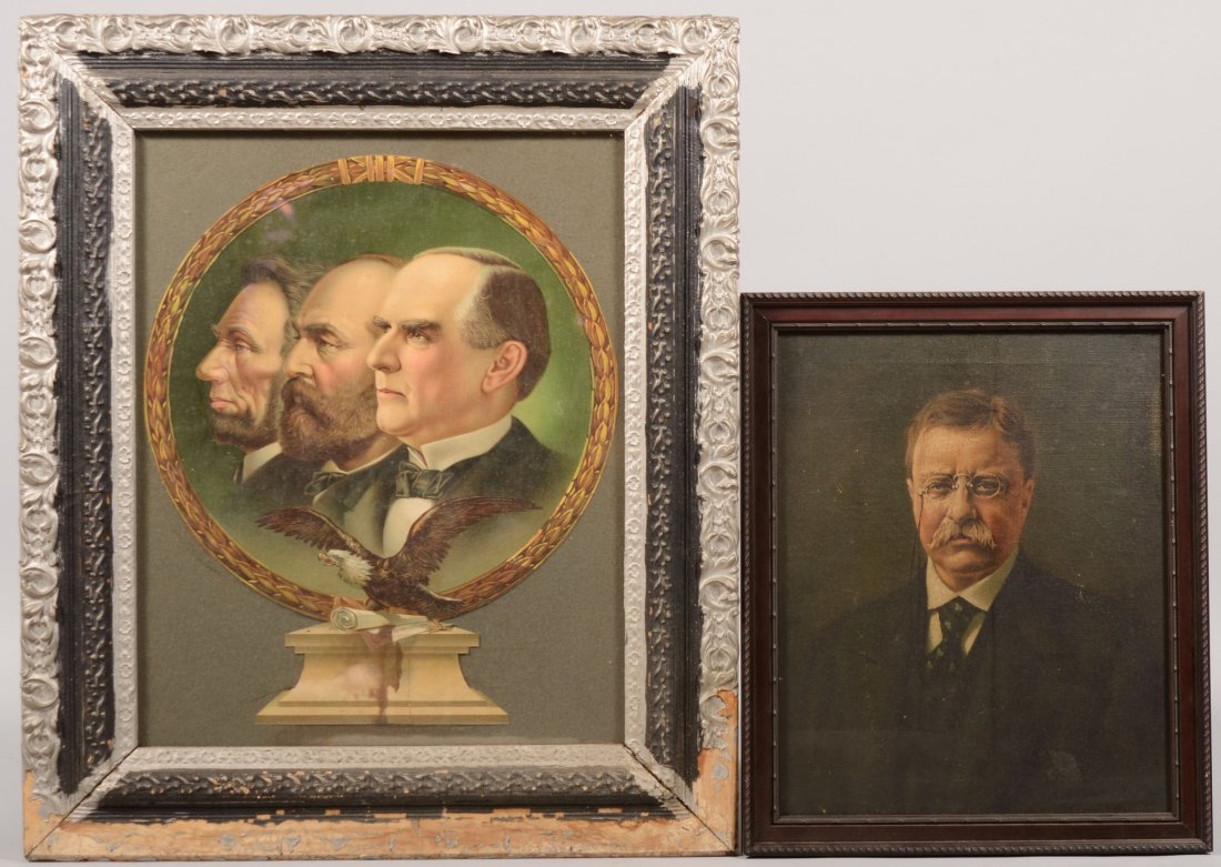 Two Color Prints of Ex-Presidents. A stretcher mou: Two Color Prints of Ex-Presidents. A stretcher mounted print on canvas of a portrait photograph of Theodore Roosevelt. Published by Underwood & Underwood, 1920, for Encyclopedia Americana. Mounted in 