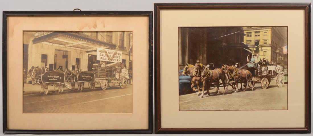 Two Photographs of "Scott and Grauer of Brewerytow: Two Photographs of "Scott and Grauer of Brewerytown" Philadelphia Beer Wagon. A 'colorized' B&W image of the four horse team and wagon dressed for a parade with "Buy War Bonds" signs on the side. Matt
