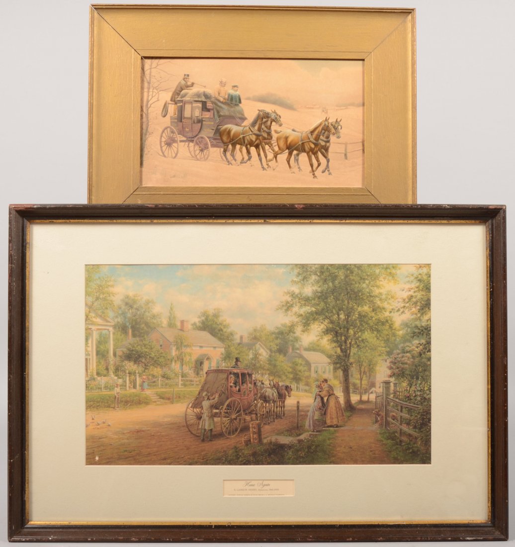 Two Color Lithographic Coaching Prints. "Home Agai: Two Color Lithographic Coaching Prints. "Home Again" from a painting by E. Lamson Henry, American, 1841 - 1919. Issued by Suffolk Museum at Stony Brook, L.I., N.Y. Matted in a painted plaster molded w