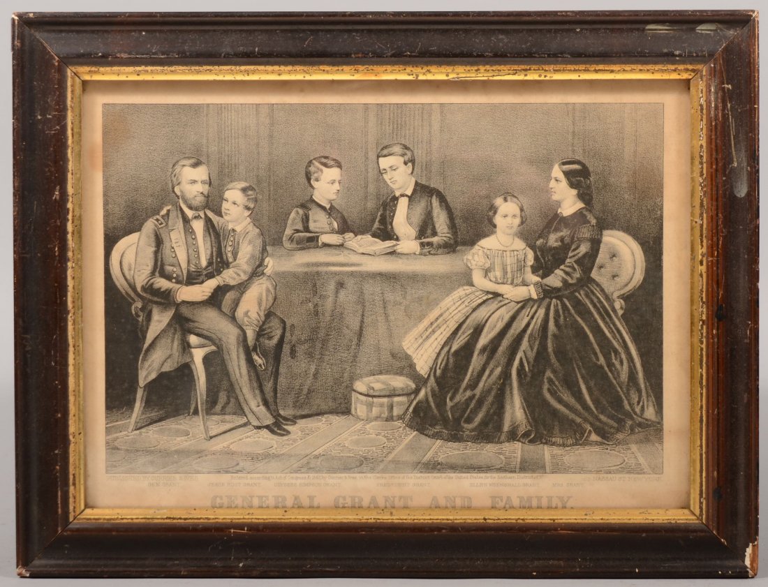 "General Grant and Family" B&W Lithograph in Perio: "General Grant and Family" B&W Lithograph in Period Frame. Showing all six members around a table. Published by Currier & Ives, 1867. Mounted in a plaster molded wood frame. 9 1/2"h. X 13 1/4"w. sight