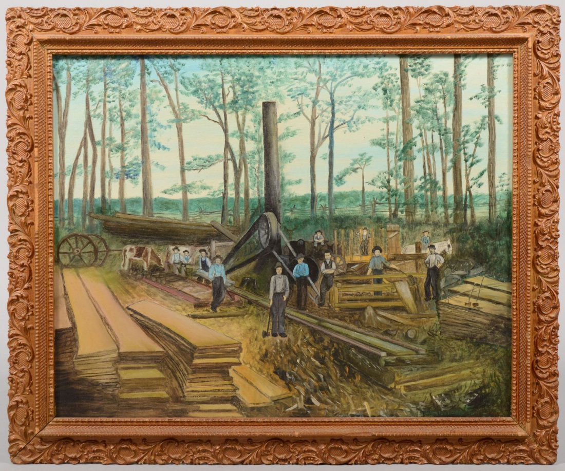 Folk Art Painting Of a Saw Mill and Crew, Oil on C: Folk Art Painting Of a Saw Mill and Crew, Oil on Canvas board. Legend verso indicates painting done by Thelma Umble of Honey Brook, PA. from a photograph of her grandfathers operation in 1895 at Erchi