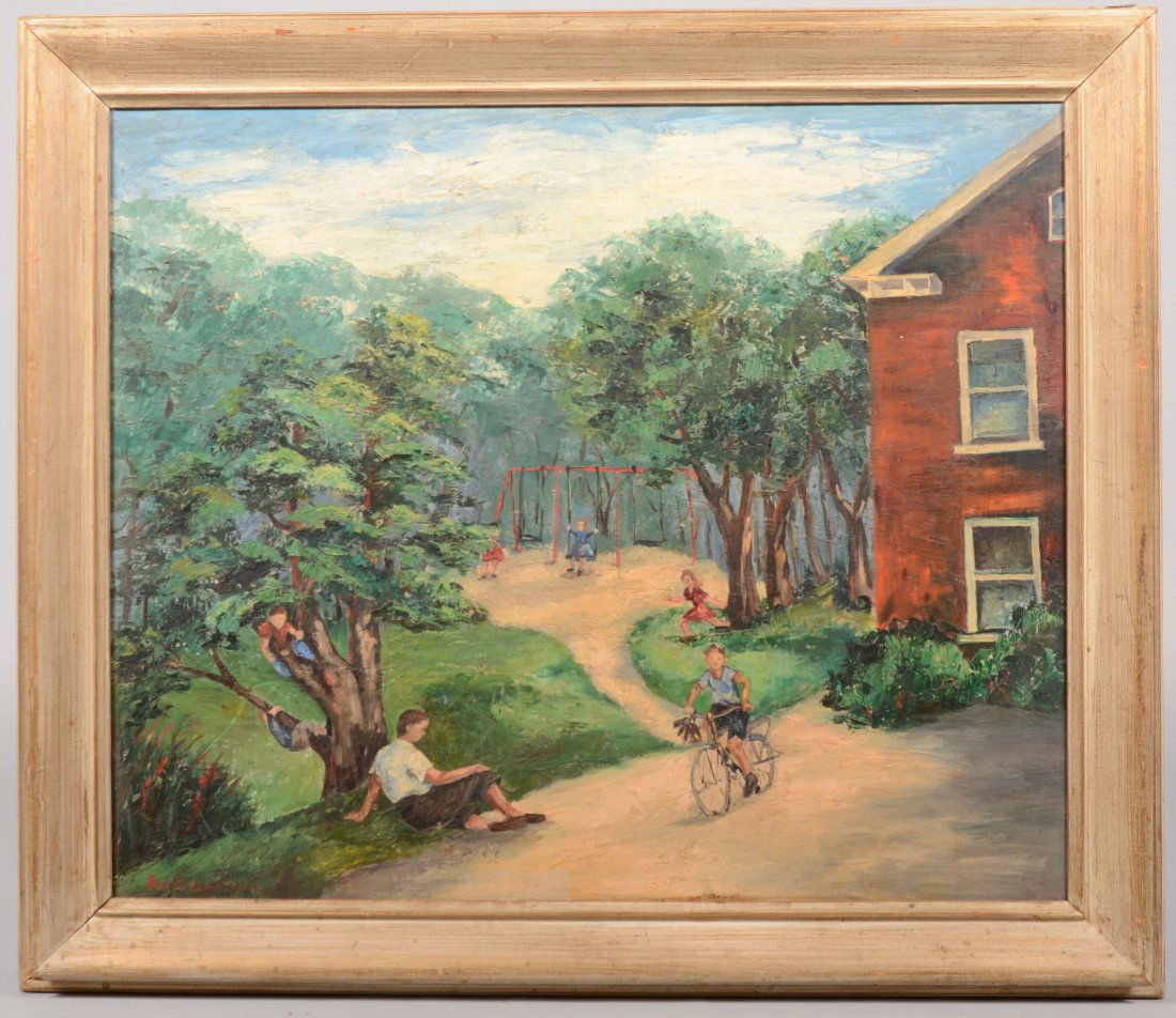 Children Playing Near a Brick House, Oil on Hardbo: Children Playing Near a Brick House, Oil on Hardboard. Signed in lower left corner: "Dot Fitzgibbons, '51." Mounted in a white painted wood frame. 19 1/2"h. X 23 1/2"w. sight and 24"h. X 28"w. overall