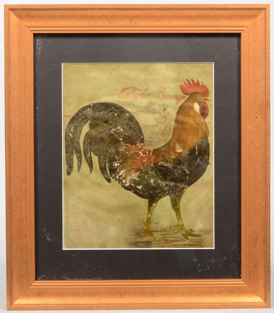 "Alvin Savage Grill, Berks, Pa." Painted Fabric Tr: "Alvin Savage Grill, Berks, Pa." Painted Fabric Trade Sign. Oil on canvas artwork features a rooster and text. Matted in black with a white edge and mounted in a gold colored wood frame. Image area: 1