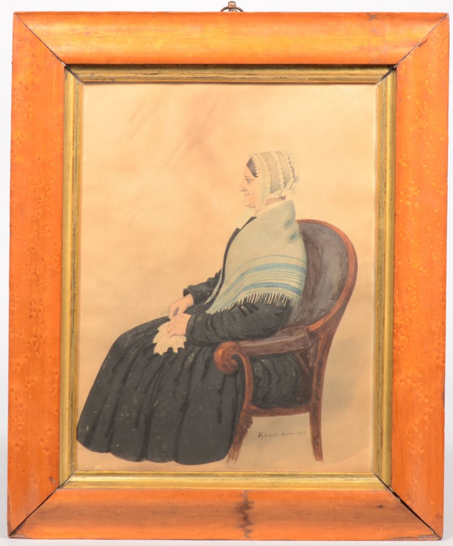 Full Length Portrait of a Seated Older Woman, Wate: Full Length Portrait of a Seated Older Woman, Watercolor on Paper. Signed under chair: "Wybrants, Artist, 1855." Shows woman sitting in a continuous arm Empire upholstered chair and dressed in a black