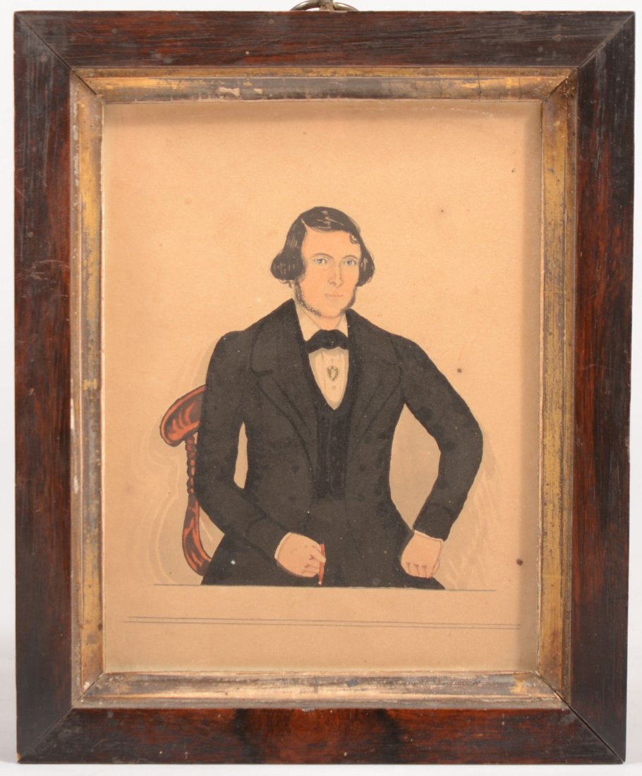 Small Watercolor of Seated Man with Cigar. Unsigne: Small Watercolor of Seated Man with Cigar. Unsigned. Dressed in a three piece black suit with cravat and broach on shirt and seated in a federal style red chair. Unusual shadowing effect of chair and