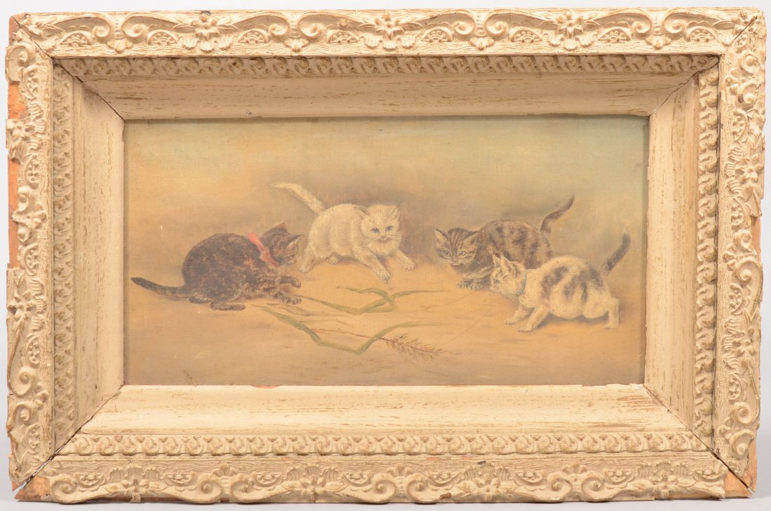 Kittens At Play Folk Painting, Oil on Canvas. Four: Kittens At Play Folk Painting, Oil on Canvas. Four different kittens playing with some straw. Unsigned. Canvas has been reduced and remounted. Probably early 20th century. Mounted in a plaster molded