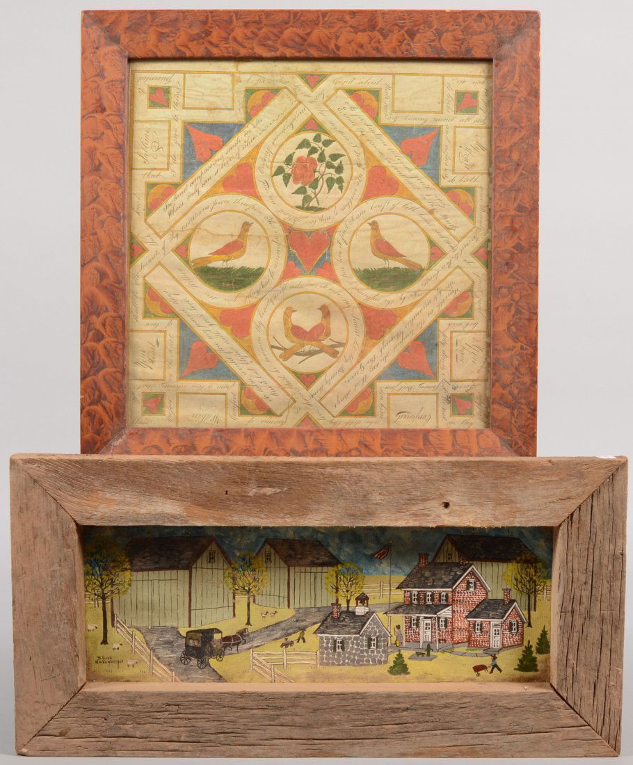 Dolores Hackenberger Amish Farmstead and a Fraktur: Dolores Hackenberger Amish Farmstead and a Fraktur Print. Brick house with frame out buildings and an American flag (?) Stone spring house and horse and buggy in foreground. Signed in lower left. Moun