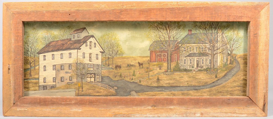 Large Dolores Hackenberger Mill stead Oil on Canva: Large Dolores Hackenberger Mill stead Oil on Canvas. Spring time view of a gray stone house, red frame barn and a white frame on stone mill building. Signed in lower right. Mounted in a salvaged barnw