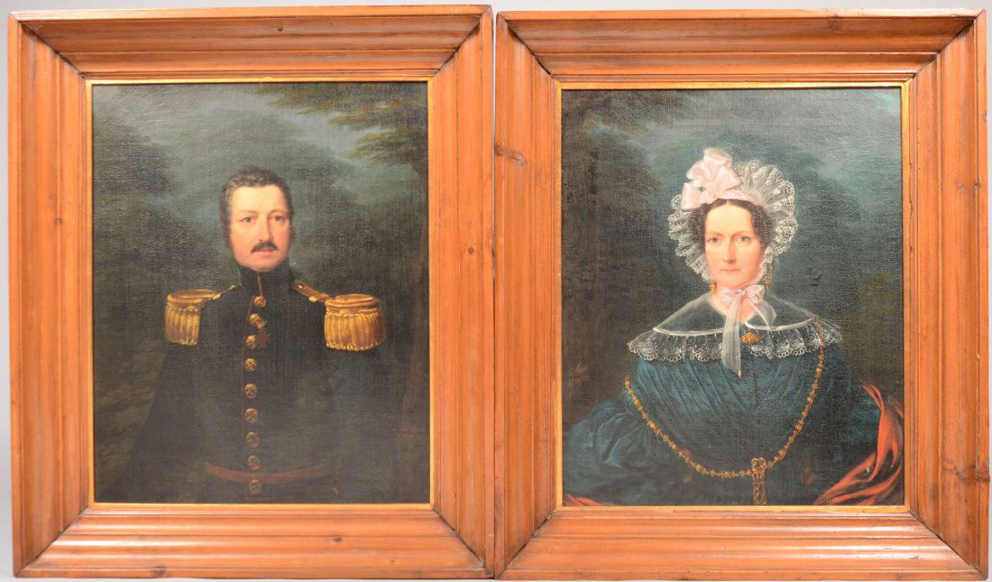 Two Portraits in Frame, Oil on Canvas. Man and wom: Two Portraits in Frame, Oil on Canvas. Man and woman, probably husband and wife, no identification. Both signed: "Fr. Welsch, 1837." Man wearing a blue tunic uniform of a U. S. Artillery Officer and h