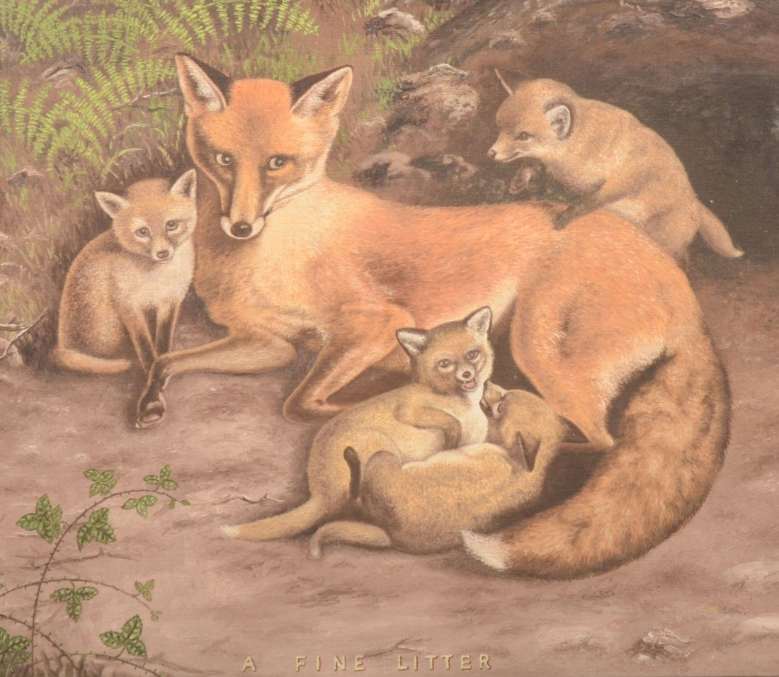 "A Fine Litter" Oil on Canvas board. View of a mot: "A Fine Litter" Oil on Canvas board. Signed in lower left: "George Russell." View of a mother fox with her litter of cubs in front of their den entrance under a tree. Mounted in a molded dark brown st