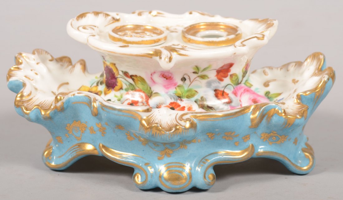 Hand Painted China Pen Standish. Top has gilt acce: Hand Painted China Pen Standish. Top has gilt accented ink and sand containers. Polychrome floral spray on mid-section. Blue base with gilt highlights. Unmarked. 3 1/4"h. X 7 1/2"w.