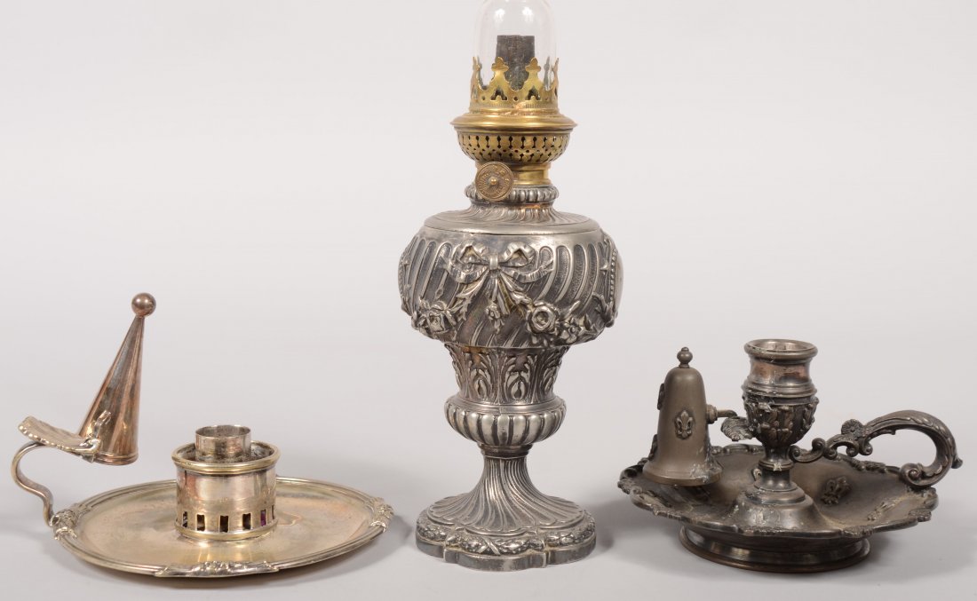 Three Silver Plate Lighting Devices. Two chamber s: Three Silver Plate Lighting Devices. Two chamber stick trays with snuffers. One with hallmark, center bottom. Shell form thumb piece with socket for conical snuffer and candle socket collar for a hurr