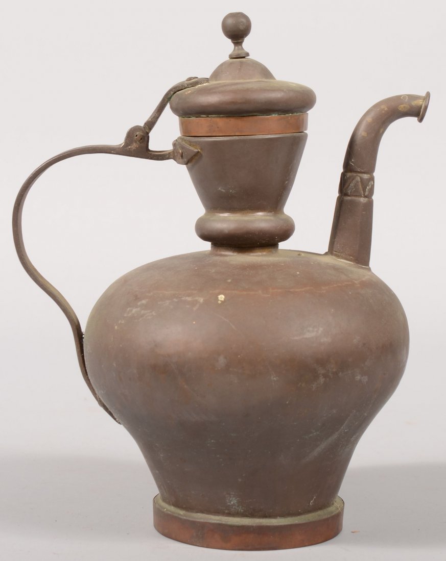 Copper and Brass Samovar Pot, probably Middle Eas: Copper and Brass Samovar Pot, probably Middle Eastern, hinged lid, tab and seam construction, shaped spout and handle and collar base. 11"h.
