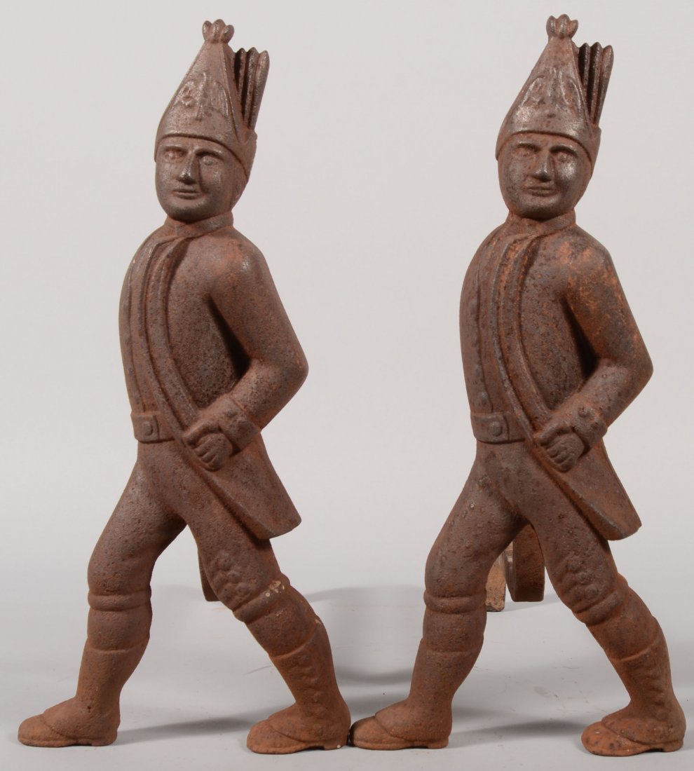 Pair of Cast Iron Hessian Andirons. Richly rusted.: Pair of Cast Iron Hessian Andirons. Richly rusted. 20"h. X 18 1/2"d.