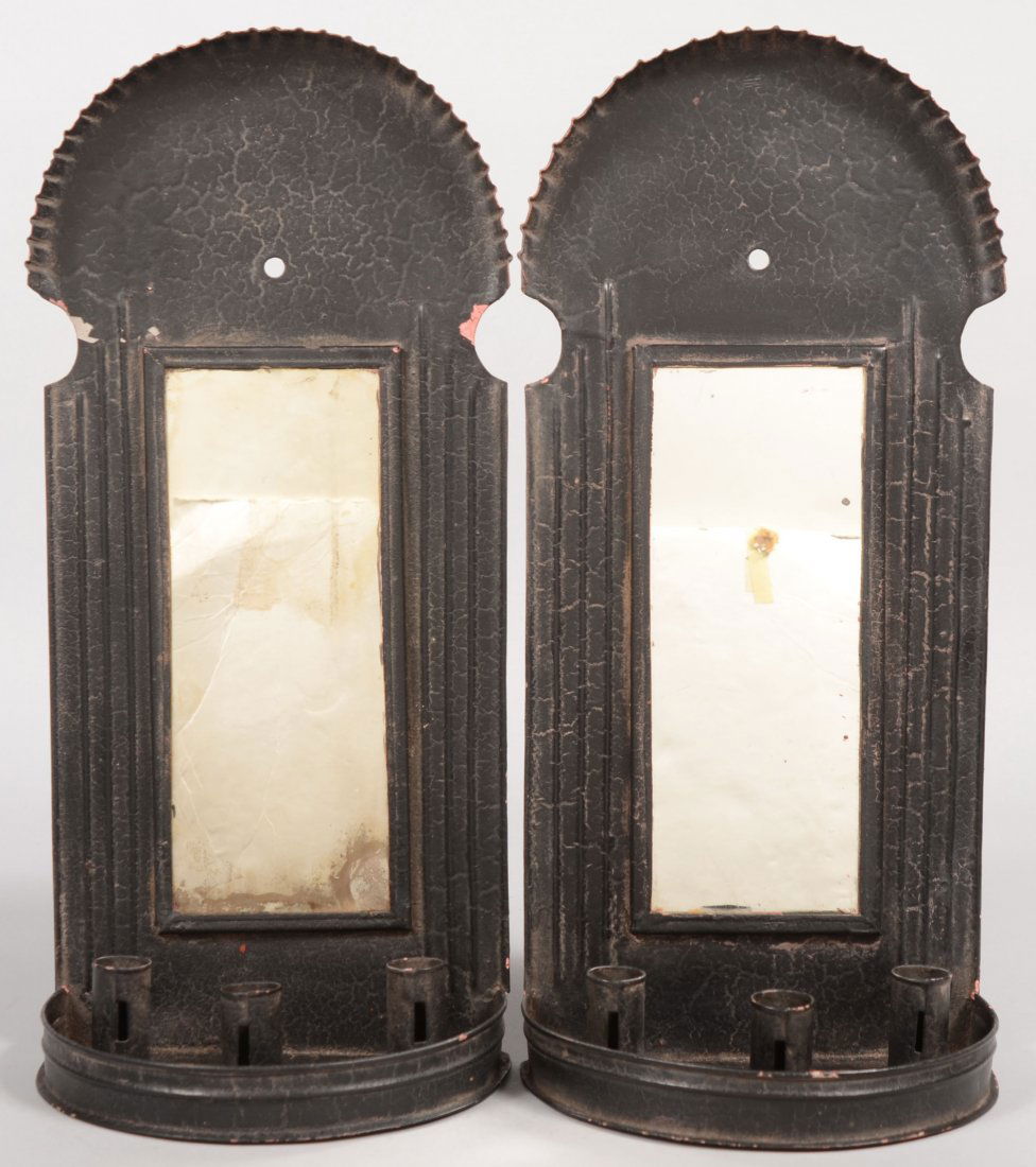 Pair of Black Painted Sheet Iron Candle Sconces wi: Pair of Black Painted Sheet Iron Candle Sconces with Mirror Plates. Reeded rectangular back with framed mirror plate and semi-circular scalloped crest with hanging hole. Semi-circular base tray has th