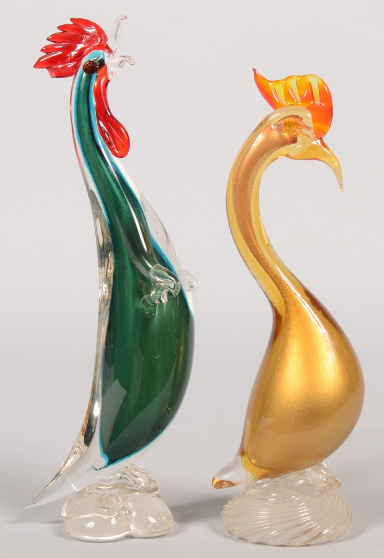 Two Blown Glass Venetian Art Glass Birds. A colorl: Two Blown Glass Venetian Art Glass Birds. A colorless crowing rooster with green interior color on a four lobe colorless base and applied red eyes and comb and clear beak. 13"h. Along with a colorless