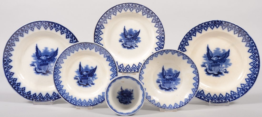 Five Piece Patriotic Blue Decorated Ironstone Dinn: Five Piece Patriotic Blue Decorated Ironstone Dinnerware. All pieces marked with a spread eagle and banner with "GEM" and "R. Hammersley." All pieces with blue stick spatter pattern rims and spread ea
